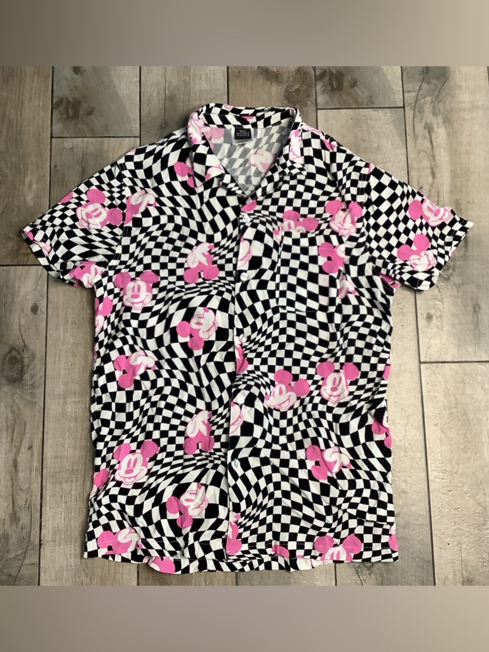 Disney Pink  Mickey Character Checkerboard Short Sleeve Button-Up Shirt